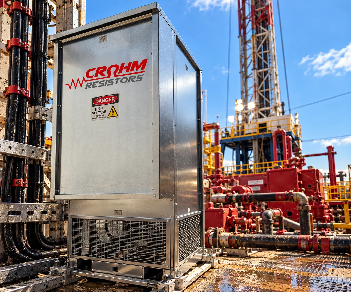 Crohm braking resistor enclosure beside oil and gas drilling equipment
